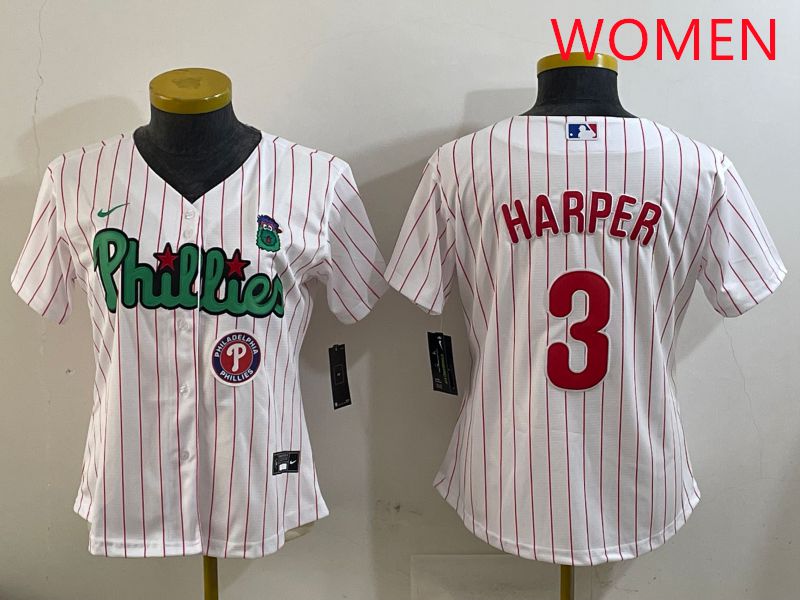 Women Philadelphia Phillies 3 Harper White Stripe Second generation joint name 2025 Nike MLB Jersey style 7